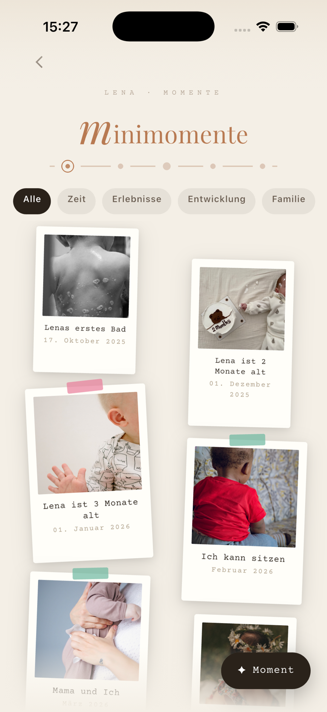 Minimomente App — Polaroid-Pinnwand mit Baby Meilensteinen
